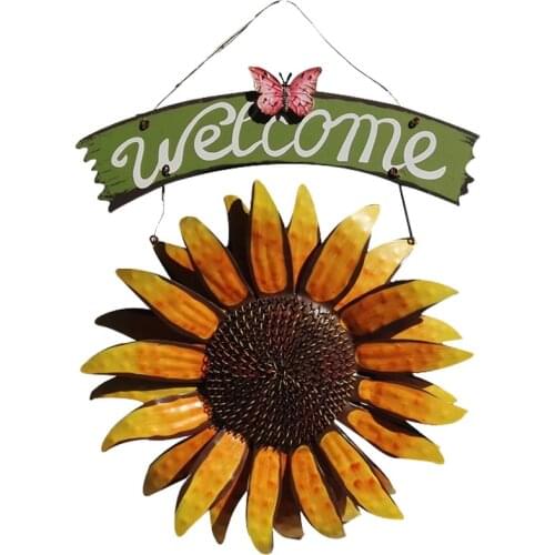 Handcrafts Vintage Metal Butterfly Sunflower Welcome Sign Front Door Decor Hanging Outdoor Wreath Door Porch Bar Cafe Shop Store