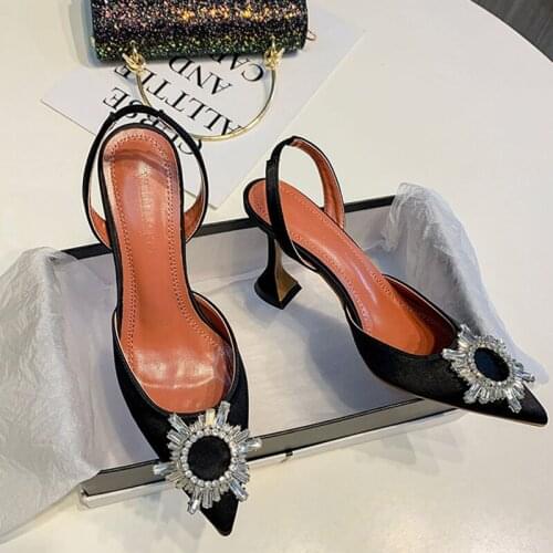Women Heels Sandals Party Patent Leather Pointed Toe Sun Rhinestone Crystal Wine Glass Rubber Chunky Heels Slingbacks Back Strap