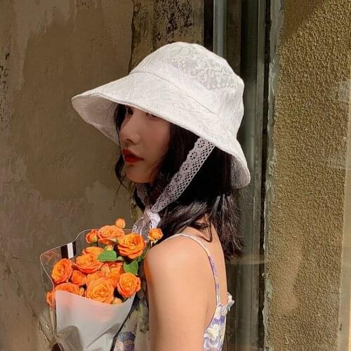 New Lace Pearl Fisherman Hat Women Summer Thin Belt Japanese Sunshade Sun Hat Big Brim Basin Hat
