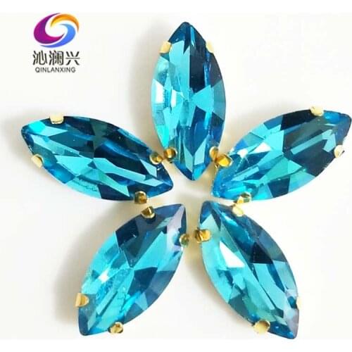 Lake blue eye shape AAA Glass Crystal sew on stones with holes,Golden bottom loose rhinestones Diy/Clothing accessories SWMG13