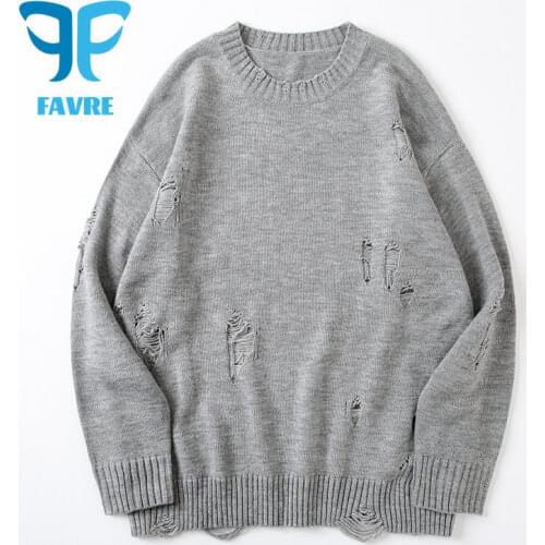 FAVRE Ripped Hole Sweaters Pullover Men Autumn Winter Round Neck Long Sleeve Jumpers Women Knitted Sweater Loose Harajuku Street