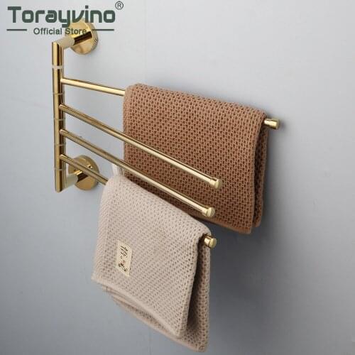 Torayvino Bath Rail Hanger Towel Holder 4 Swivel Bars Bathroom Wall Mounted Towel Rack Stainless Steel Rotating Towel Rack