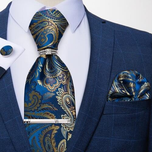Yellow Paisley Blue Ties For Men Silver Tie Clip Tie Ring 100% Silk Business Wedding Party Mens Neck Tie Cufflinks Gift DiBanGu