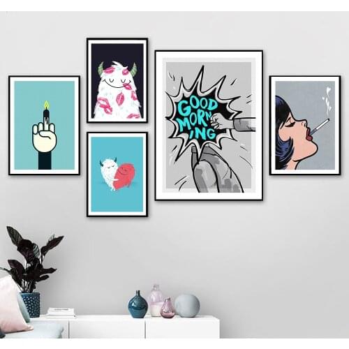 Cartoon Canvas Painting Fashion Style Bad Girl Smoking Picture Wall Art Poster Print Devil Heart Decor Picture Modern Home Decor