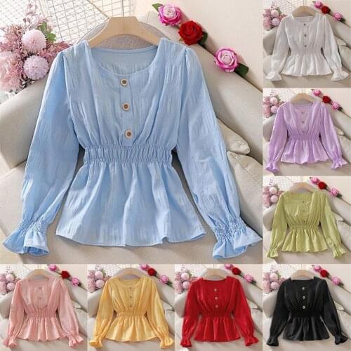Women Solid Color Blouse Decorative Buttons Breathable Stretchy Korean Style Dress Tops for Daily Life