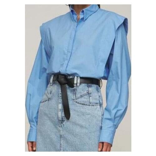 Women Shirt 2021 Autumn New Retro Wild Fake Two Piece Blue Long-sleeved Shirt Commuter Loose Top