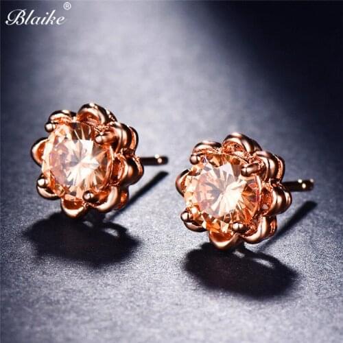Blaike Korea Champagne/Blue/Purple/White Round Cubic Zircon Stud Earrings For Women Rose Gold Flower Filled Minimalist Gifts
