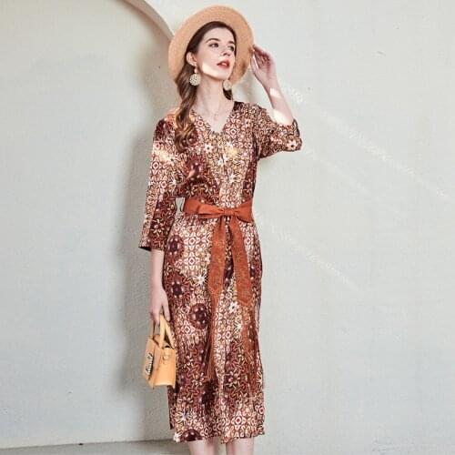 V neck coffee silk floral maxi dress women femme 2020 summer long work boho beach office sexy party luxury dresses plus size