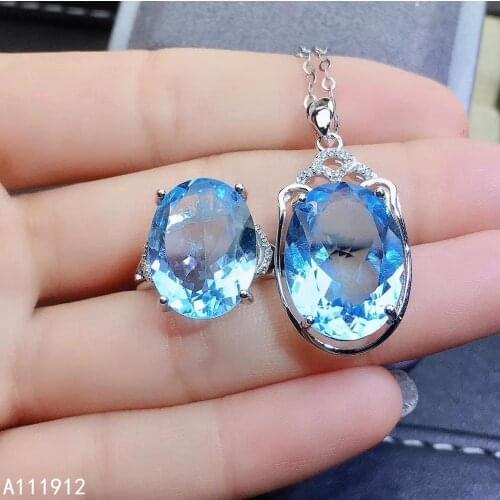 KJJEAXCMY fine jewelry natural blue topaz 925 sterling silver women gemstone pendant necklace ring set support test classic