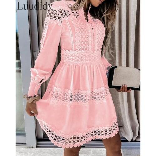 Women Lace Design Long Sleeve Shirt Dress