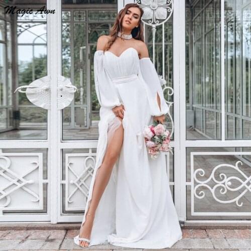 Magic Awn 2021 Bohemian Chiffon Wedding Dresses Detachable Long Sleeves Side Slit Simle Beach Bridal Gowns Robes De Mariage