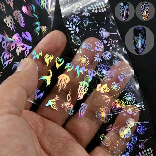 4*100cm/Roll Holographic Nail Stickers Foil Flame Butterfly Flower DIY Nail Art Decorations Water Transfer Decals Sliders