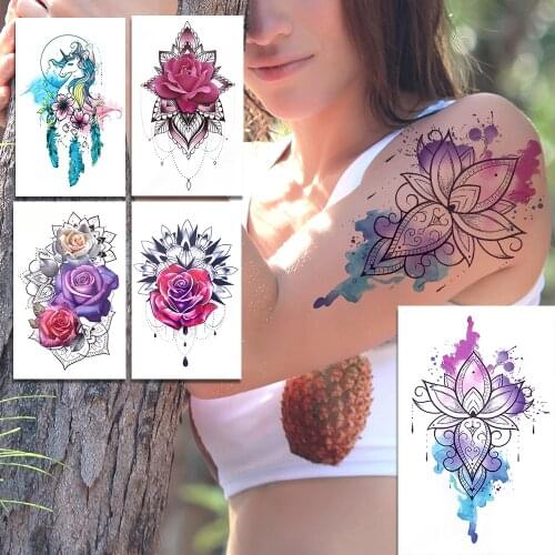 Watercolor Lotus Temporary Tattoo For Kids Women Girls Rose Henna Mehndi Flower Tattoos Sticker Unicorn Feather Fake Tatoo Hands