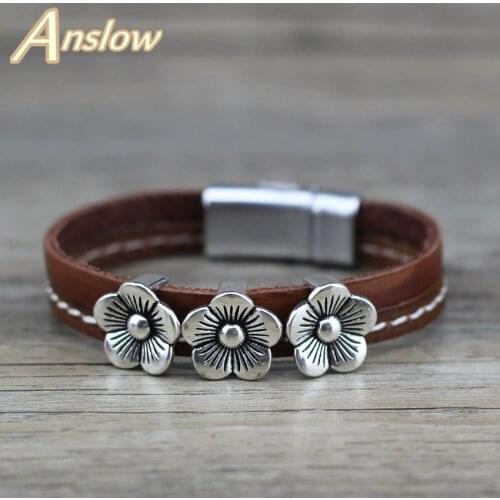 Anslow Brand Fashion Jewelry Trendy Retro Vintage Flower Lucky Leather Bracelet For Women Men Friendship Couples' Gift LOW0695LB