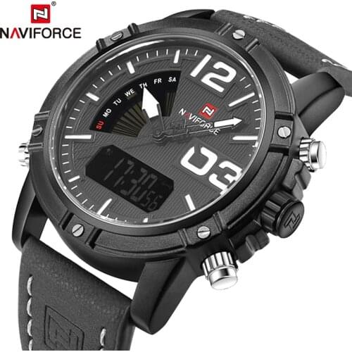 NAVIFORCE Men Led Digital Wristwatches Military Sports Leather Chronograph Waterproof Luminous Quartz Week Display Mens Watches