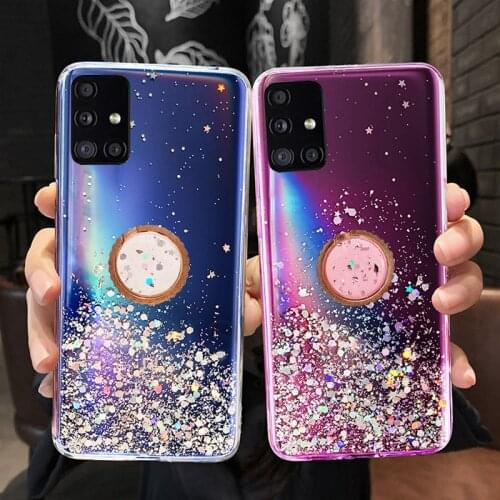 Glitter Star Diamond Finger Ring Case for Samsung M11 M21 A01 M31 A51 A71 A11 A21S A31 A41 Soft Clear Metal Holder Cover