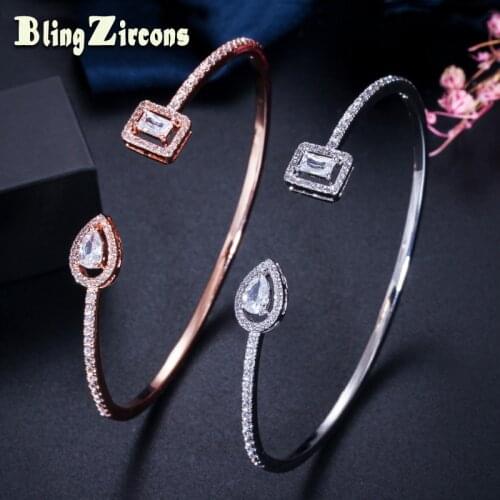 BeaQueen Sparking CZ Stone Stackable Statement Open Cuff Bangles Dubai Rose Gold and Silver Color Jewelry Accessories B159
