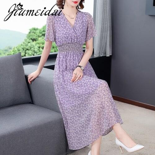 JiuMeiDai 2021 Women Summer A-Line Dress Office Lady Elegant Floral Long Dresses Female Fahion V-Neck Party Clothing Plus Size