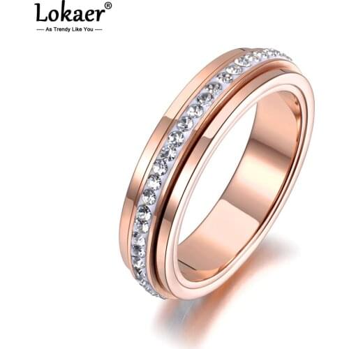 Lokaer New Stainless Steel Rotatable Clay Wedding Ring Rose Gold Micro Pave CZ Crystal Anniversary Rings For Women Girls R19027