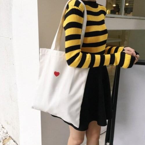 Embroidered Red Heart Pattern Canva Shopping Bags Zipper Tote Shopper Bag Cosmetic bag handbag tote bags grocery bag reusable