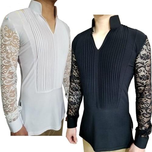 2020 Men Latin Tops For Adult Male Dance Costume Lace Fold Chest Shirt Ballroom Performance Dance Wear Men Latin Dance VDB630