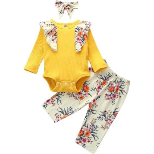 Baby Girl Clothes Long Sleeve Bodysuit Floral Pants Headband 3pcs Outfits Infant Autumn Casual Romper Kids Suits