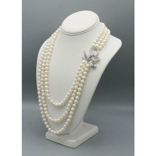 Hand knotted 8-9mm white freshwater pearl necklace micro inlay zircon bow clasp fashion jewelry