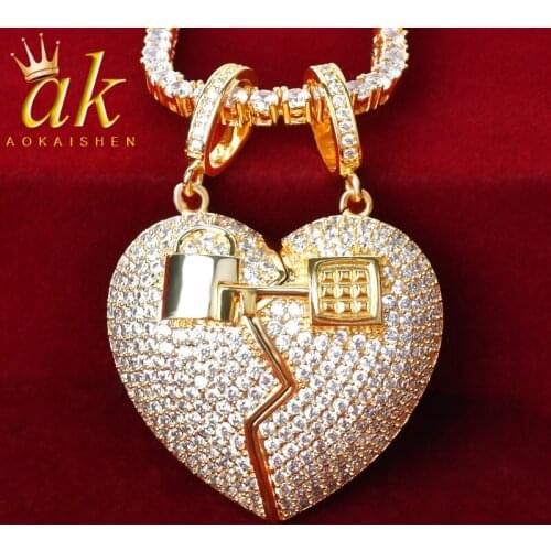 Couple Heart Pendant Necklace Tennis Chain Gold Color Cubic Zircon For Men&WomenHip Hop Rock Jewelry