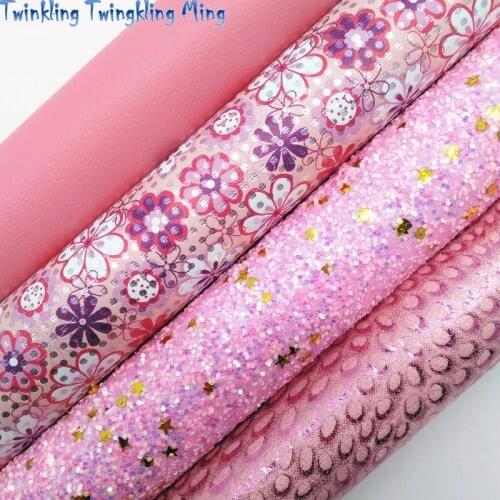 Pink chunky Glitter leather with Stars, Flowers Printed Synthetic Leather Faux Fabric Sheet For Bow 21x29CM Twinkling Ming KM382