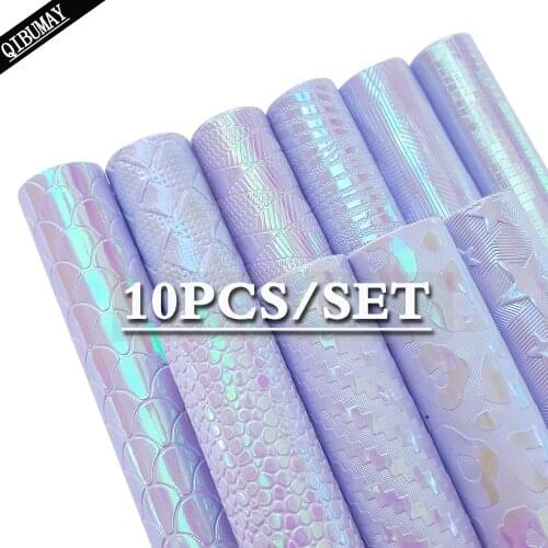 QIBU 10pcs Purple PU Leather Set A4 Mermaid Snake Pattern Vinyl Fabric DIY Hairbow Earring Accessories Decor Crafts Materials