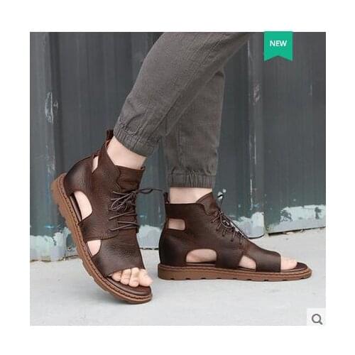 Summer sandals mens fashion shoes outside the personality breathable Roman mens sandals leather casual beach shoes thick
