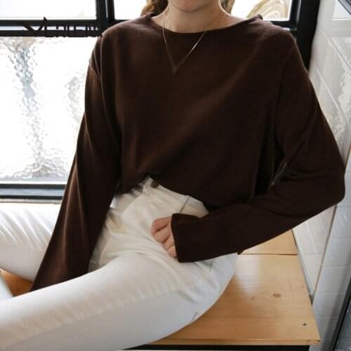 Verlena Thin Casual Autumn Knitted Pure Black Sweater Women Long Sleeve Scoop Collar Dropped Shoulder Soft Jumper Pullovers 2019