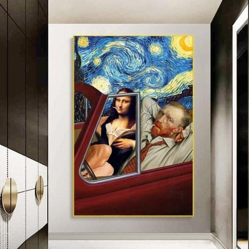 Funny Art Mona Lisa Van Gogh Smoking In Car Canvas Painting Poster Starry Night Wall Art Prints Pictures for Living Room Decor