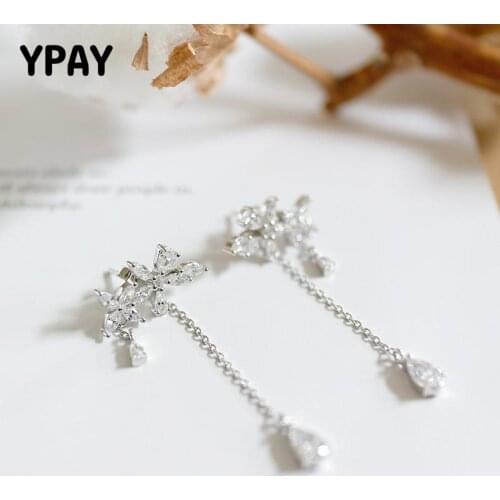 YPAY Luxury Flower Pendant Drop Dangle Earrings for Women Real 925 Sterling Silver Shining Zircon Brinco Fine Jewelry YME127