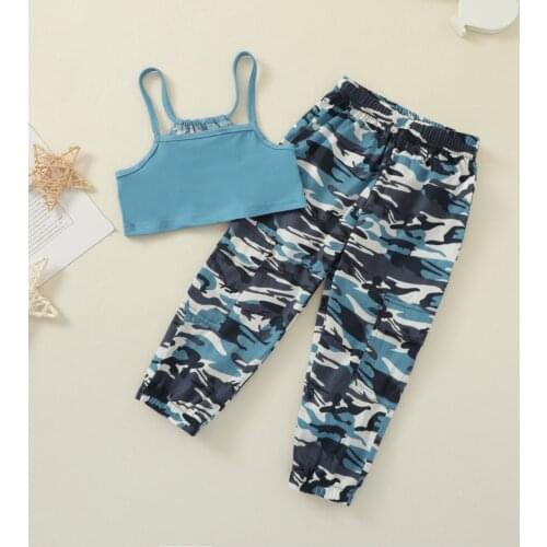 0-6Y Summer Fashion Kids Girls Clothes Sets 2pcs Strap Sleeveless Solid Vest Tops Camouflage Pants