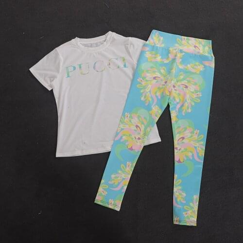 2021 Fashion Women Crewneck T Shirt Suit White Tops And High Waist Printed Leggings Summer Casual Tee Two Piece Set Pencil Pants