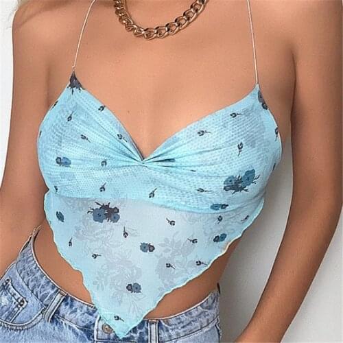 Y2K Aesthetic Flower Print Halter Top Sexy Mesh See Through Irregular Hem Bandage Backless Crop Tops For Women Streetwear