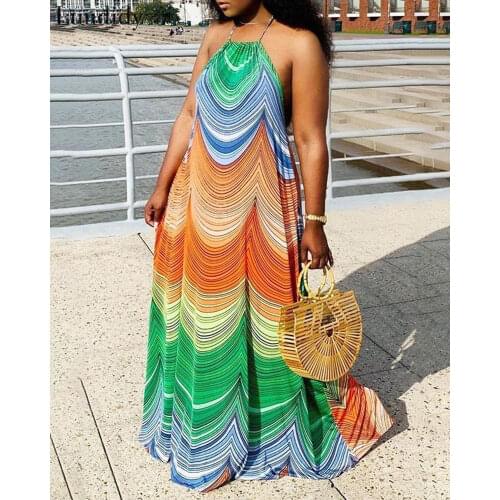 Women Fashion Colorblock Halter Sleeveless Maxi Dress Plus size 3XL