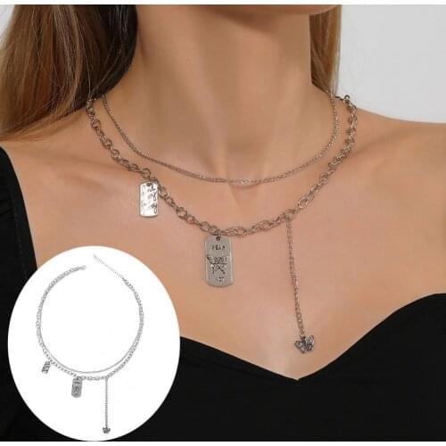 Women Necklace Letter Square Butterflies Pendant Alloy Double Layer Punk Choker Necklace for Daily Wear