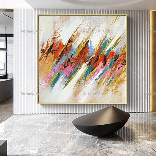 100% Handmade Large Size Abstract Chromatic Stripe Oil Painting On Canvas Modern Unframed Painting Wall Picture For Home Decor