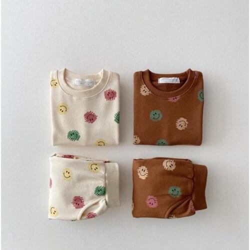 2021 New Autumn Baby Boy Cute Smiley Print Clothes Set Kids Fashion Cartoon Sweatshirt + Casual Pants 2pcs Girl Clothing Suit