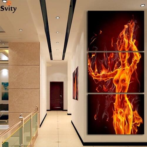 3pieces Modern hot sexy photo textured canvas arts fire nude woman abstract painting for bedroom wall decoration no frame