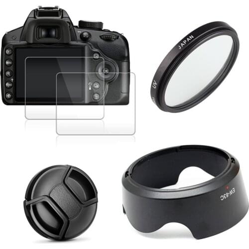 UV Filter + EW63 Lens Hood + Cap + 2x Glass Screen Protector for Canon EOS 200D Mark II 250D Rebel SL2 SL3 18-55mm Lens