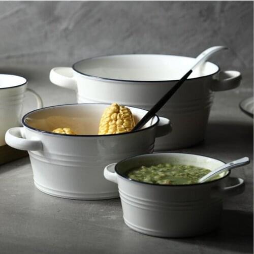 Blue Line White Ceramic Soup Bowl With Handle Nordic Western Food Container Household Pasta Dessert Plate Ceramic Tableware 1pc