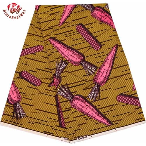 BintarealWax 100% Polyester Ankara Fabric Radish Pattern Dark Yellow Background 6 yards African Fabric for Party Dress FP6144