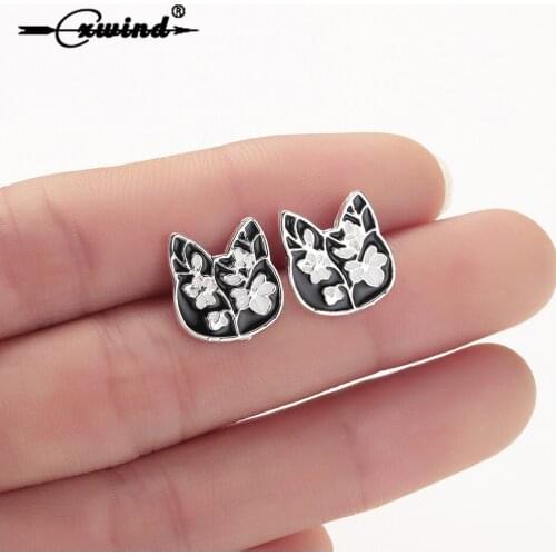 Cxwind 2019 Cute kitten Ear Studs Fashion Golden Color Stainless Steel Black Cat Flower Stud Earrings Female Jewelry Gift