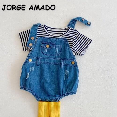 2021 New Summer Kids Girls 2-pcs Sets Striped T-shirt + Denim Overalls Shorts Casual Style Children Clothes E6087