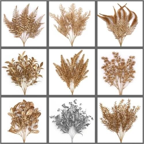 Artificial Plant Gold Silver Leaves Faux Plant Simulation Flower Home Decor Wedding Scene Layout Christmas Decoration Ornaments