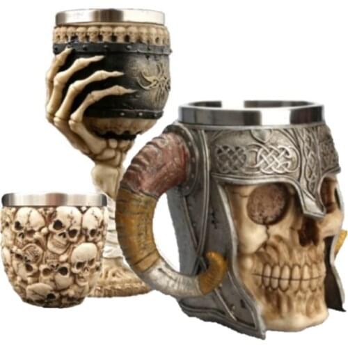 Skull Beer Mug Wine Cup Creative Whiskey Glass Stainless Steel Inner Pot Decorative Drinkware Goblet Bar Set