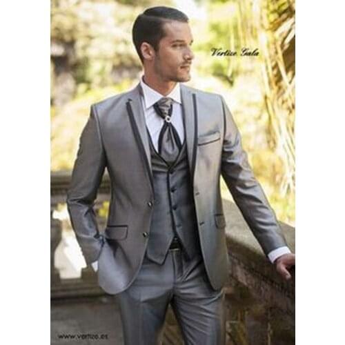 Best silver jacket with lapel black collar edge groom tuxedos groomsmen best man suits mens wedding /business/formal suits